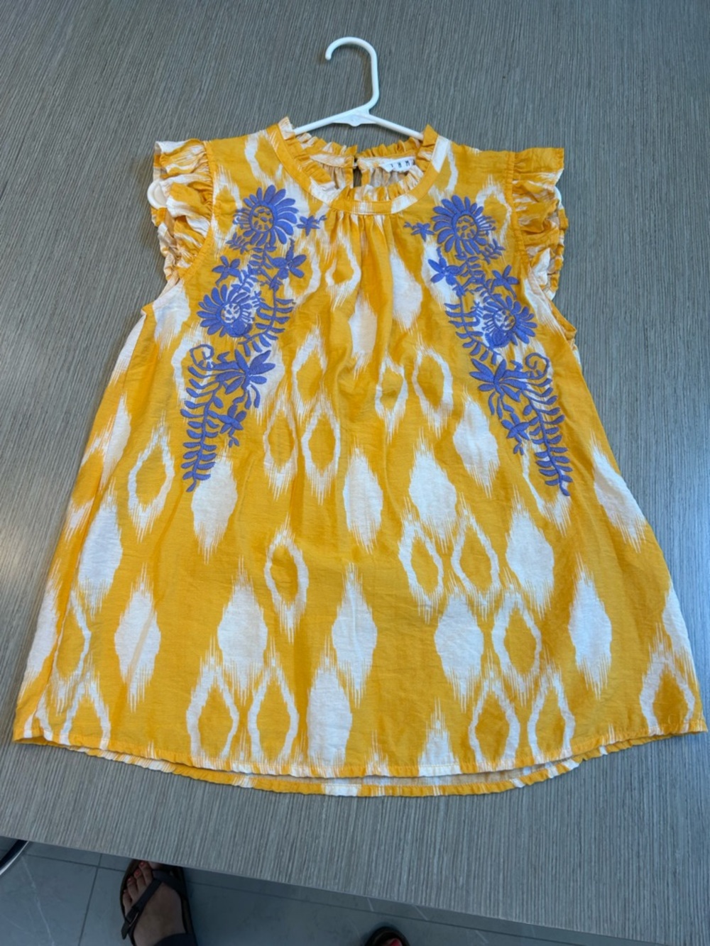 THML Yellow and White Ikat Top with Purple Floral Embroidery